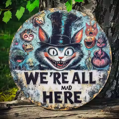1pc Vintage Cheshire Cat "We're All Mad Here" Round Aluminum Sign - Whimsical Dreamland Wall Art, 20