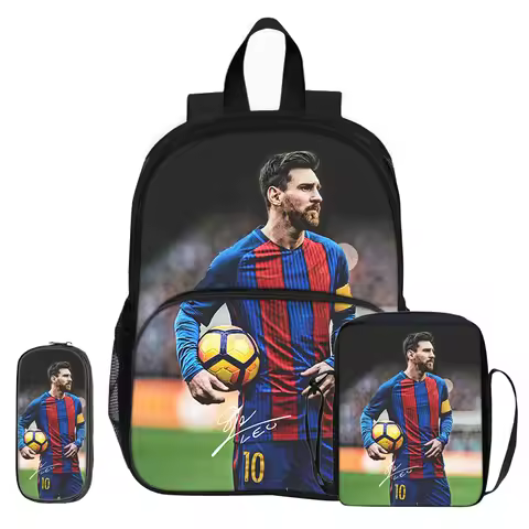M-Messi 3Pcs set with Front Pocket Backpack Football Sports Shoulder Bags Football Star Pencil Bag S