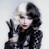 Black and White Wig for Women Cruella Deville Wig Short Curly Wavy Bob Wigs with Bangs Heat Resistan