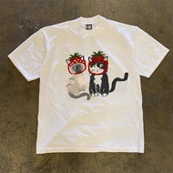 ストロベリーフードキティ 100% Cotton Cat wearing a strawberry hat Japanese Style Cute White T-Shirt Small Neckli