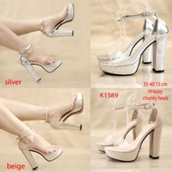 K1589 VVVshop heels 13cm strappy Sepatu heels chunky Sier Bee 13 cm