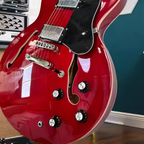 Semi-Hollow Body ES 335 Jazz Electric Guitar, Gloss Black Finish White Binding Gold Hardware F Hole 