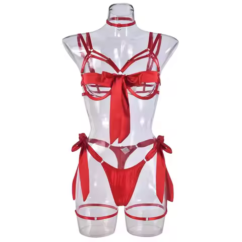Bondage Lingerie Set Women Cupless Bra Garter 4-Piece Sheer Mesh BDSM Outfit with Lace-Up Design