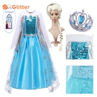 Dress for Kids Girl Frozen Elsa Cosplay Costume Blue Long Sleeve Snow Queen Princess Dress Cape Crown Wig Accessories Clothes for Kid Girls Party Wedding Outfits