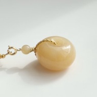 天然新疆糖料和田玉平安扣吊墜項鏈 精美黃金糖色面包圈 平安喜樂