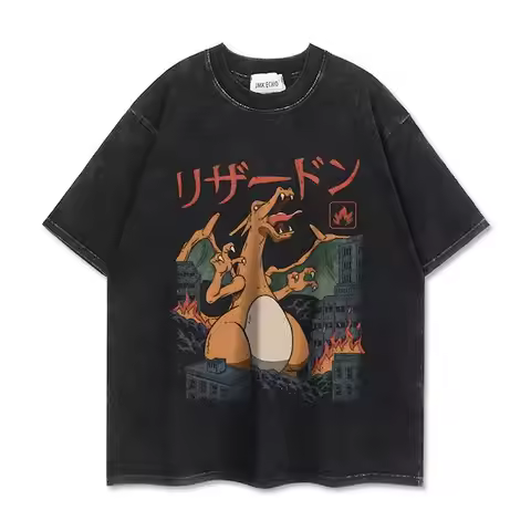 Oversized Pokemon Graphic T-shirt Man Women Vintage Washed Short Sleeve Tee Casual Top Y2k Summer 20