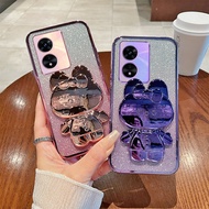 Phone Back Case For Oppo A97 5G Luxury Gradient Glitter Makeup Mirror Rabbit Folding Stand Soft Sili