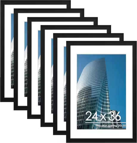 24x36 Poster Frame Set of 6, Display Pictures 20 x 30 with Mat or 24 x 36 Without Mat, Poster Frames