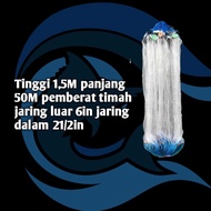 Ready-to-use fishing net 3 layers outer net 6in 0.30mm inner net 21/2in 0.25mm height 1.5m length 45