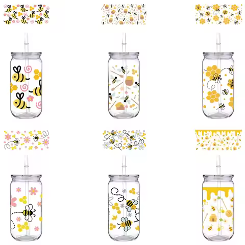 Little Bee Pattern PET Cup With Straw Transparent Lid Can Hold Milk Coffee Juices Beer 16oz Cup