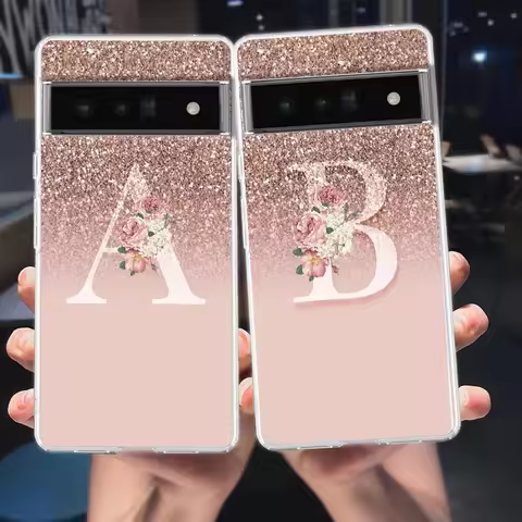 Letter Pink Shiny M Transparent Phone Case For Google Pixel 9 8 7 Pro 8A 7A 6A 6 Pro XL 5 4 5A 4A 3A