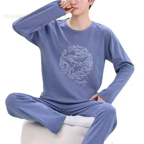 Spring Autumn Big 5XL Knitted Men Sleepwear Clouds Printting Pajamas Sets Casual Pjs Male Loungewear