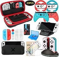 Accessories Bundle Pack for Nintendo Switch OLED Model(2021), Family Party Kit with Carrying Case, Joy Con Charging Dock&amp; Grips&amp; Covers, Steering Wheels, Mount, Screen Protectors, Caps(23 in 1)