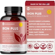 Iron Supplement for Women & Men, Natural Ferrous Chelate, Bisglycinate 25mg + Vitamin C, B6, B12, Fo
