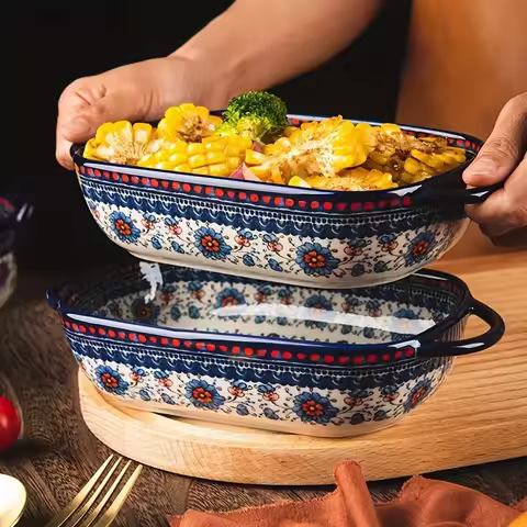 1pc Large Baking Dish with Blue & White Floral & Black Rim - /Microwave/Dishwasher/ Multi-Use Casser