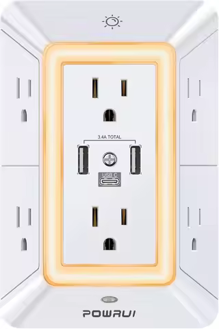 6 Outlet Surge Protector with 3 USB Ports, Night Light, Spaced Outlets, ETL Listed in White
