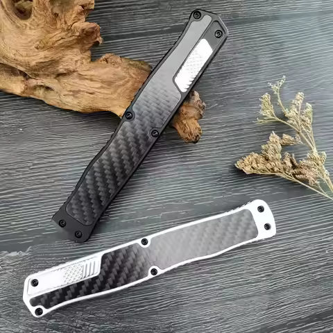 Heretic Cleric II OTF Knife Pocket D2 Damascus Outdoor Tactical EDC Knife Aluminum Alloy with Carbon