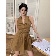Beige khaki flared dress, beige shirt collar dress, dress Sleeveless Shirt collar