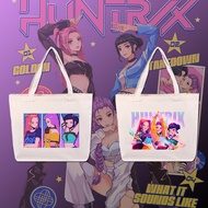 กระเป๋าผ้าใบแฟชั่นความจุสูง KPOP Demon Hunters Huntrix กระเป๋าผ้าใบเดี่ยวกระเป๋าสะพายสองด้านพิมพ์โลโ