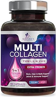 Nature's Nutrition Multi Collagen Complex Pills - Type I, II, III, V, X, Made in USA, Non-GMO, Boost Hair Skin Nails Joints - Hydrolyzed Collagen Peptides Supplement for Women &amp; Men - 180 Capsules