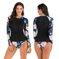 Two Piece Rashguard Women Long Sleeve Swimwear Floral Print Surf Wear Plus Size Tankini Swimsuit Shorts Diving Shirt Rash Guards
