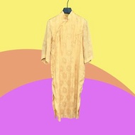 二手 古董訂製 金黃色 織紋 輕薄 開衩 長袖 旗袍 CA404