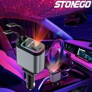 Fast CHARGING Car Charger 4 In 1 Retractable Car Charger พร้อมสาย USB Type-C และ 2 พอร์ตชาร์จ Type C