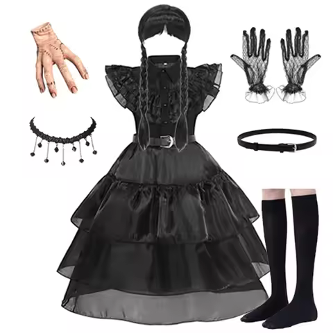 Children Addams Costume Baby Girls Family Cosplay Halloween Costume Kids Family Dancing Black Dress