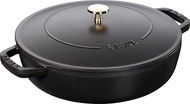 STAUB Cast Iron 28 cm Round Saute Frying Fry Pan Skillet Braiser with Chistera Lid Cover. Cherry Red Basil Green Black