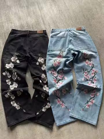 Jeans Embroidered Jeans Vintage Low Waist Wide Leg Trousers Harajuku Mens Womes Baggy Jeans Y2K Clot