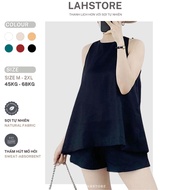 LAHSTORE women's linen shirt Set Sleeveless Back slit button camisole & elastic waist wide leg short