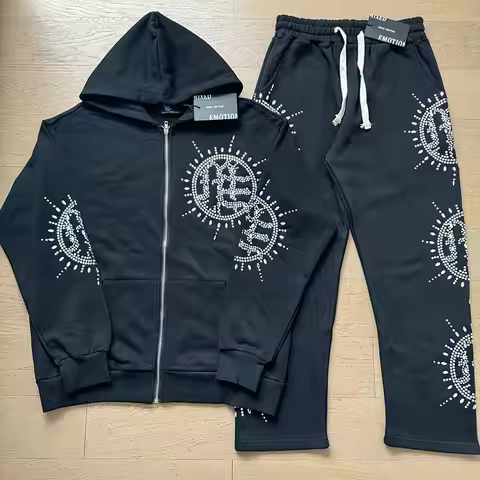 Mixed Emotion Rhinestone Hooded Pullover Hoodie Jacket, Mixed Emotion Casual Long Pants