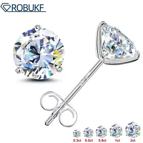 0.3-2ct Real Moissanite Diamond Stud Earrings For Women 925 Sterling Silver Classic 3 Prongs Earring