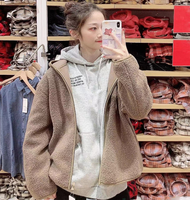 2024ของแท้ UNIQLO แท้สีฟ้านม! เสื้อโค้ทแขนยาวผ้าฟลีซแกะฮู้ดแบบหลวมมีซิปสำหรับผู้หญิง430644ฤดูหนาว