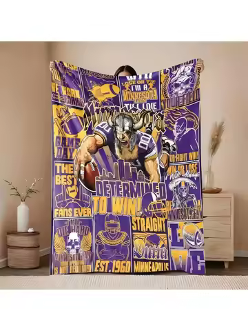 Minnesota Vikings Football Blanket Multi-Panel Design Purple Gold Colorful Throw with Viking Player