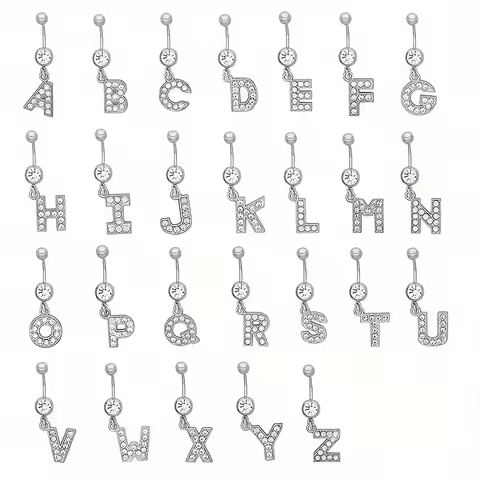 1PCS Rhinestone A-Z 26 Letters Belly Button Ring Navel Nial Ring Body Piercing Jewelry for Men Women