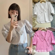 GANNI Pink Ruffle Doll Collar Puff Sleeve Pure Cotton Short Top