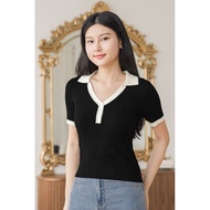 Dear Lyla Harper Colourblock Collared Knit Top (Black)