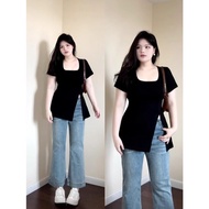 เสื้อยืดฤดูร้อนแขนสั้นของผู้หญิง IEF มีดีไซน์ผ่าและคอเหลี่ยม