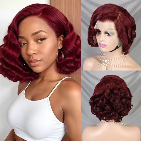 Brazilian 230% 99J Bouncy Curly Bob 13x4 HD Lace Front Human Hair Wigs 99J Burgundy Body Wave Bob Wi
