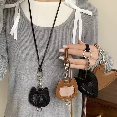 Zero Wallet Necklace Leather Heart-Shaped Cat Head Can Hold Photos Key Necklace Pendant Female Niche