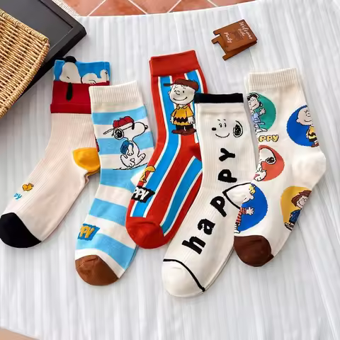 5 Pairs Cute Cartoon Snoopy Ankle Socks Unisex All Season Casual Soft Breathable Mid Calf Cotton Soc