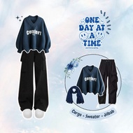 One Set 3in1 Trendy (Sweater Women'scomfort + Highwaist Cargo Pants + Bella Square Hijab) - KA123