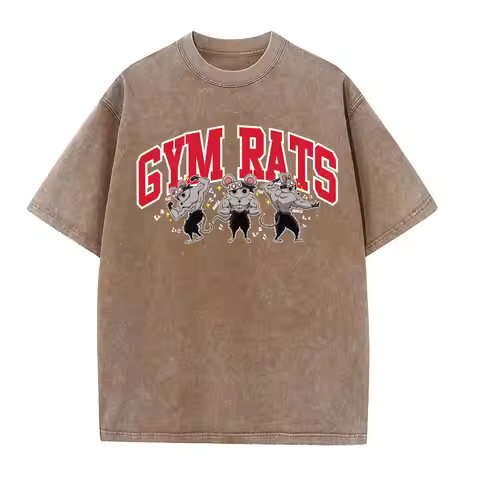 Vintage Washed T-shirts 100% Cotton Gym Muscle Rat Print Crew Neck Tshirts Casual Goth Hip Hop Stree