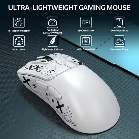 Attack Shark R1 Wireless Gaming Mouse,PAW3311 Optical Sensor 18K DPI,59g Ultralight 2.4Ghz/BT/Wired 