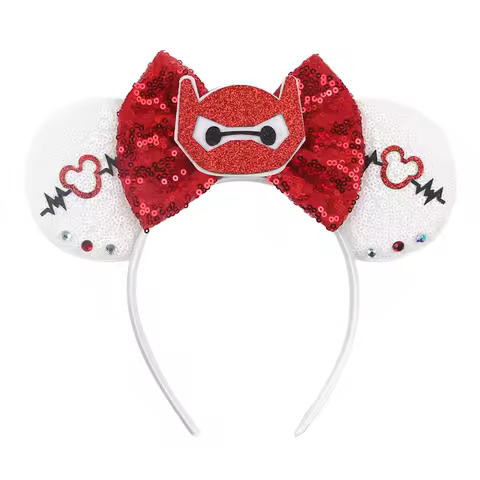 New Designs Baymax Disney Ears Headband Character Mickey Mouse Big Sequin Bow Hairband Party Festiva