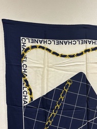 CHANEL 圍巾 大圍巾 絲巾 菱格紋 海軍藍 x 奶油色