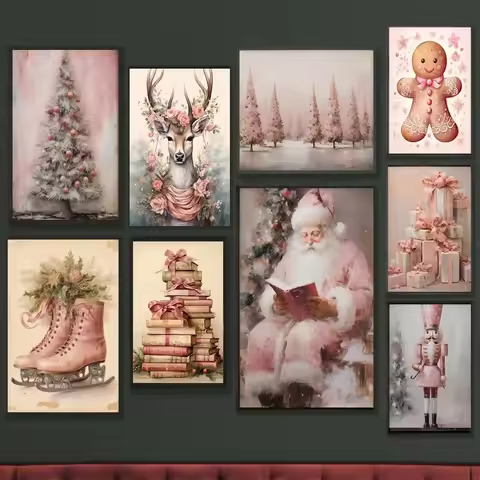 Vintage Pink Christmas Gingerbread House Reindeer Santa Poster Print Canvas Painting Wall Art Pictur