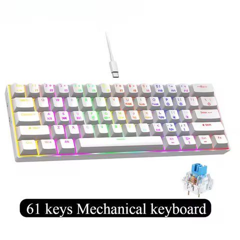 Wired 61 Key Mechanical Keyboard with Backlight for Gaming 60 Percent Clavier White Keyboards Mini K