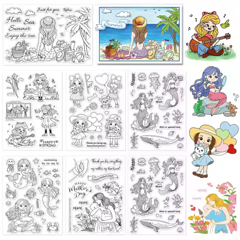 Play Day on The Beach Silicone Clear Stamp Summer Seaside Transparent Stamp Woman and Ocean for Scra